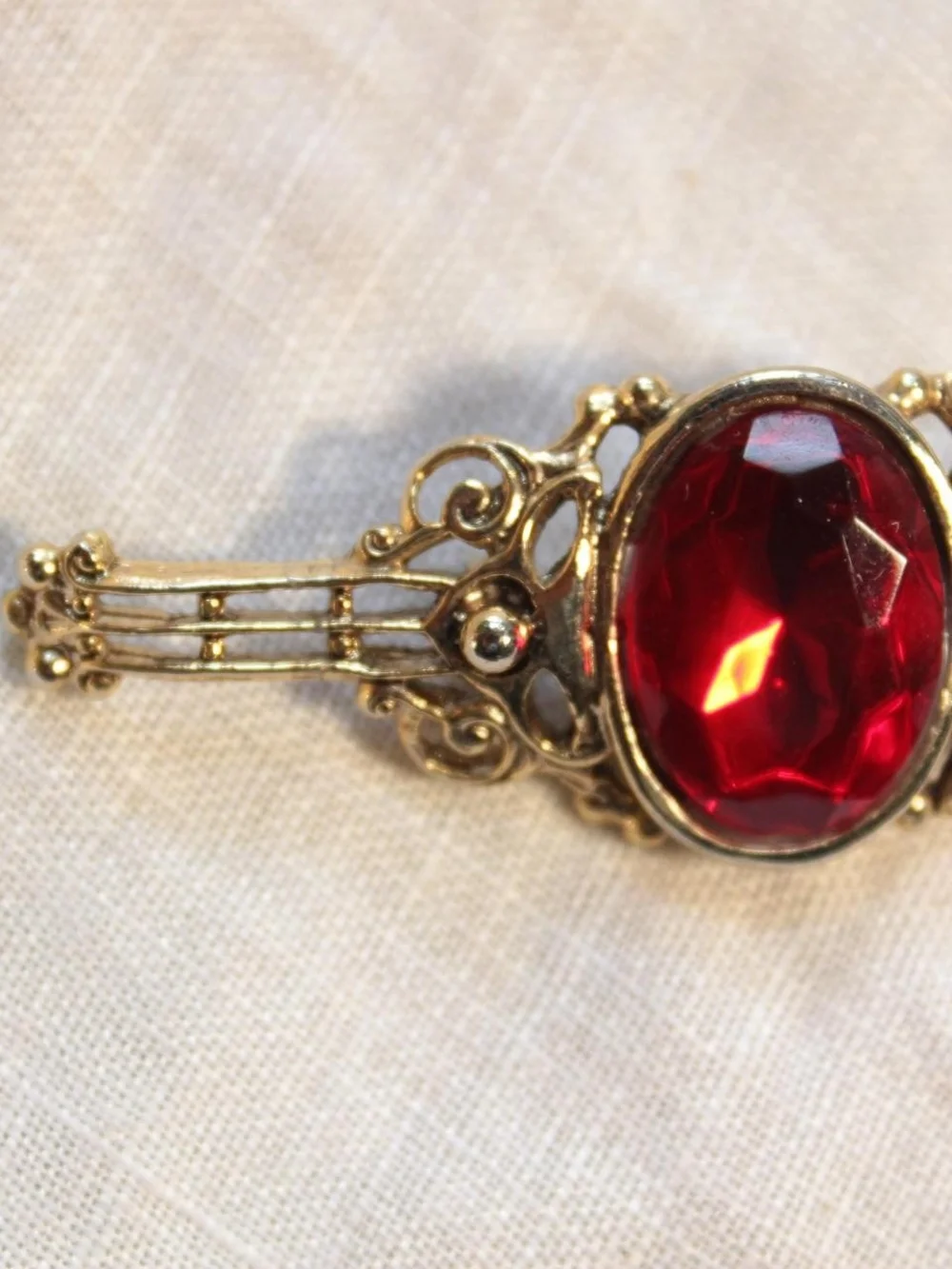 Victorian Style Ornate Gold Red Glass Stone Brooch